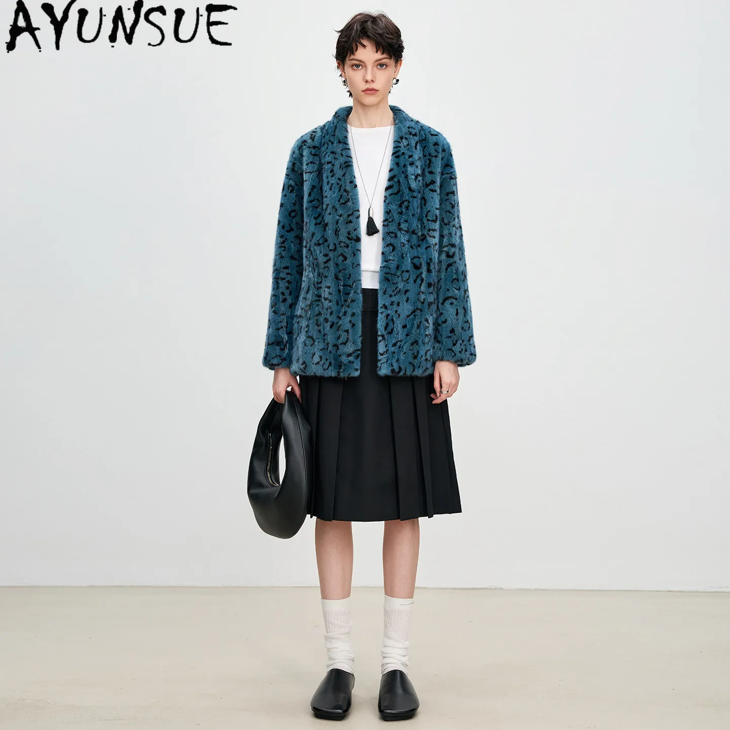 AYUNSUE Mink Real Fur Coat Winter Jacket Women Clothes Fashion Mid-long Coats Patchwork Female Mink Leopard Print Пальто Женское