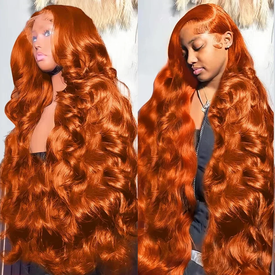 

Ginger Orange Body Wave 13x6 Transparent Lace Front Wig Human Hair 200% Colored Pre Plucked 13x4 Lace Frontal Wigs For Women