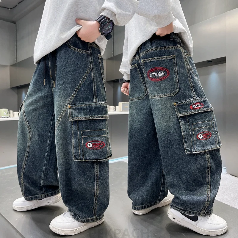 

Teenage Boy Wide Leg Cargo Jeans 2025 Autumn Fashion Kids Casual Denim Pants School Young Children Straight Baggy Trousers 5-14Y