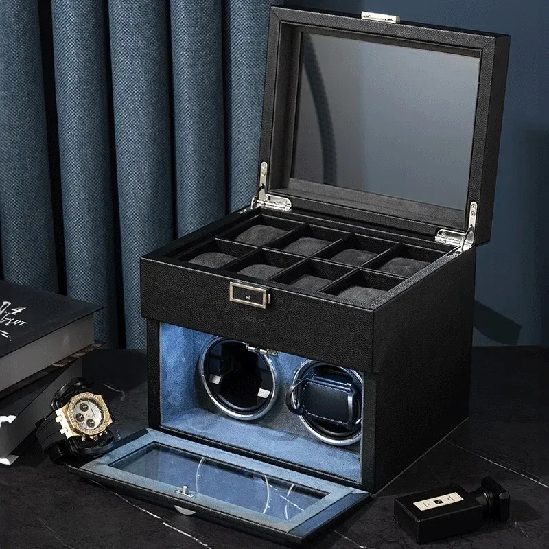 for New Watch Winder Box Mechanical Carbon Fiber PU Leather Double Layer 2 Rotors plus 8 Storage Slots High End Display Case