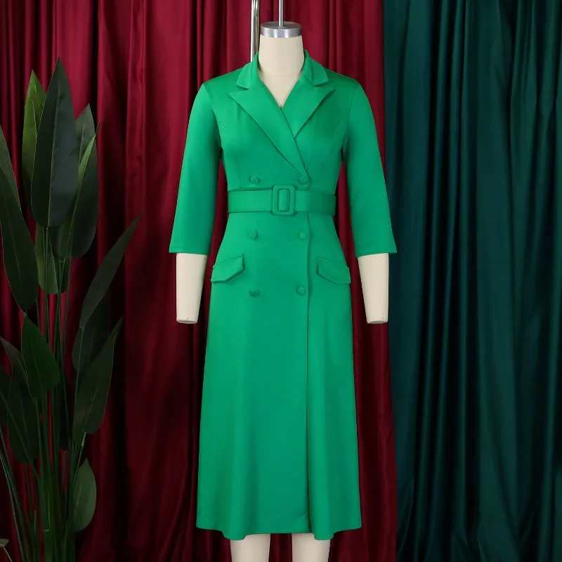 เดรสทรงเอไลน์แขน 3/4 สำหรับผู้หญิง รุ่นใหม่ ปี 2026 ดีไซน์หรูหรา พร้อมเข็มขัด คอปกแบบสูท เหมาะสำหรับใส่ทำงานในฤดูใบไม้ร่วง งานเลี้ยงกลางคืนสไตล์แอฟริกัน และงานปาร์ตี้ที่คลับ