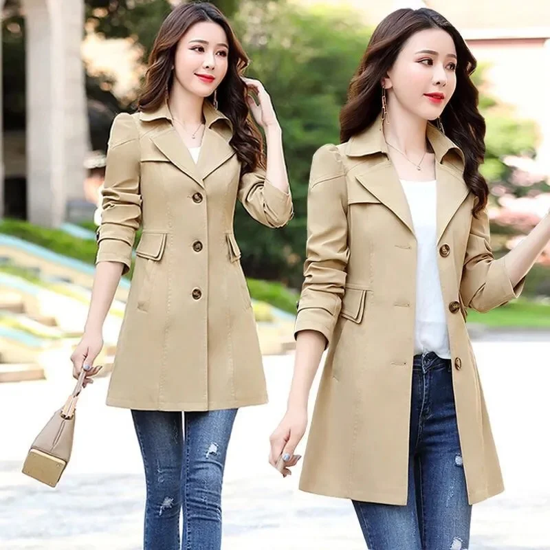 Women Black Trench Windbreaker Spring Autum 2025 New Fashion Size Coat Khaki Midi Length Windbreaker Female Outerwear