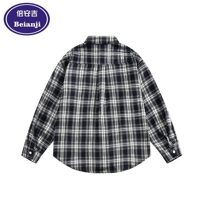 Men clothing 2025 casual plaid shirt retro embroidery pattern letter long sleeve shirt streetwear turn-down collar dress shirt