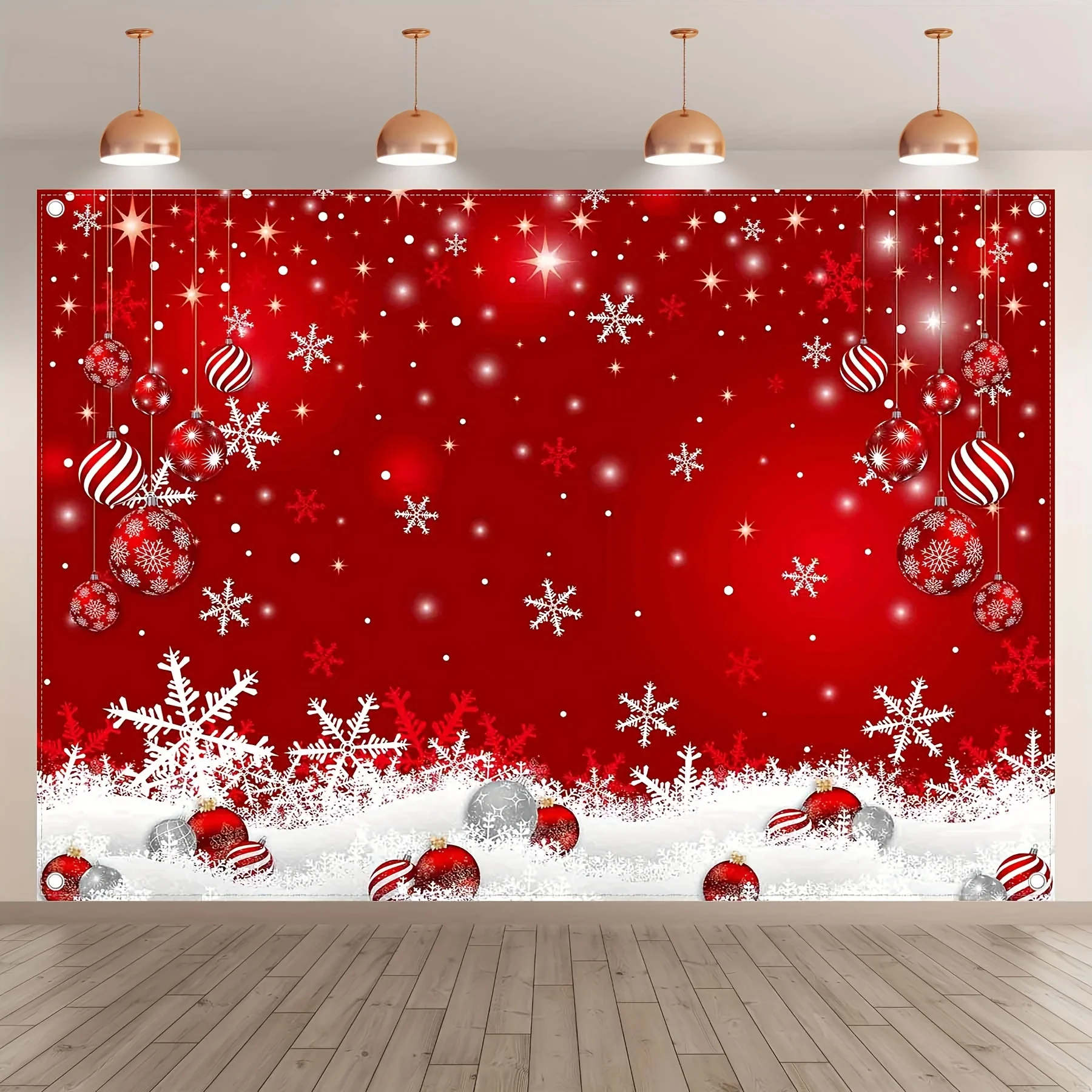 White snow red hanging ball decoration background, family party banner decoration, birthday cake table supplies, room decoration