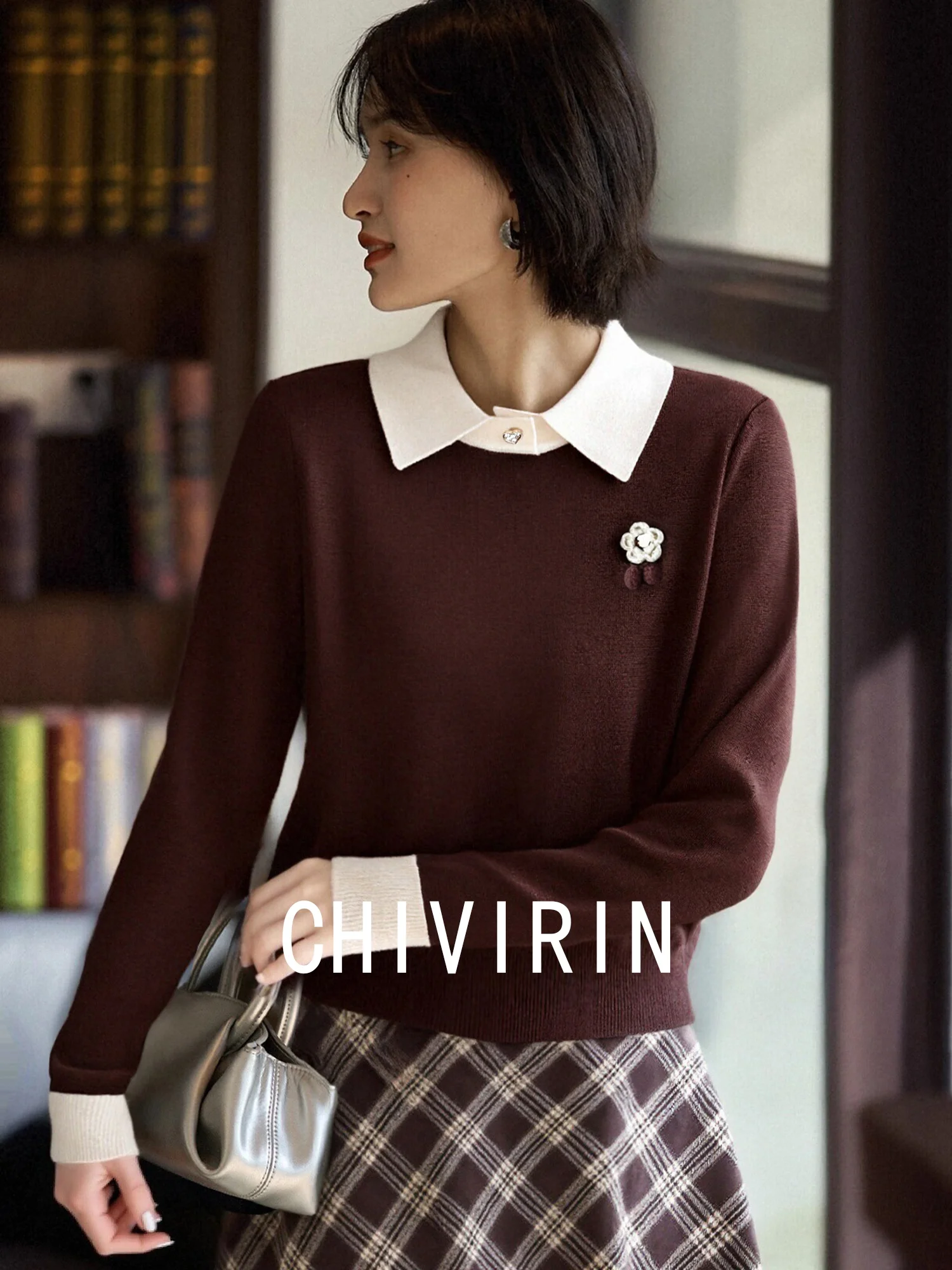 

Коричневая вязаная кофта Chivirin с воротником, повседневная женская модная ретро-модель, универсальный удобный топ с длинными рукавами