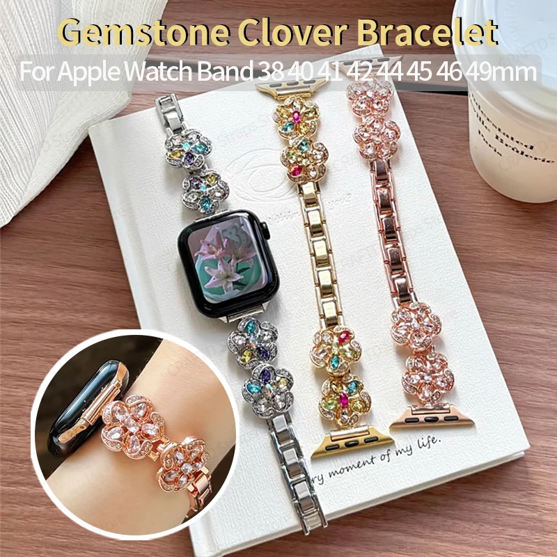 Sparkling Multicolor Gemstone Clover Watch Strap for Apple Watch 11 10 9 8 7 6 5 Metal Chain Bracelet for Iwatch Band 38-49mm 46