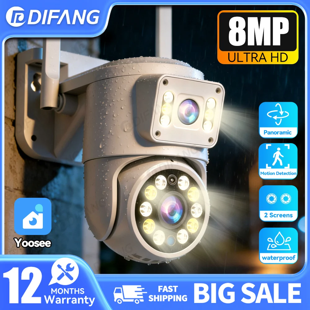 

DIFANG 8MP ULTRA HD WiFi IP Camera Dual Lens Dual Screen Outdoor Security Cameras PTZ Human Detection Auto Tracking IP66 CCTV