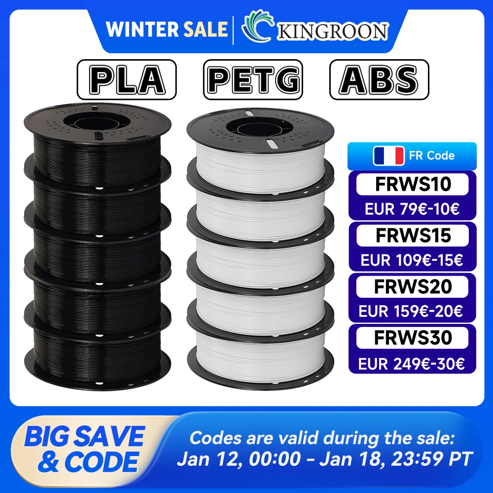 KINGROON 10KG PLA/ABS/PETG Filament 1.75mm noir blanc gris, vente en gros 10 rouleaux PLA ABS PETG plastique pour imprimante 3D