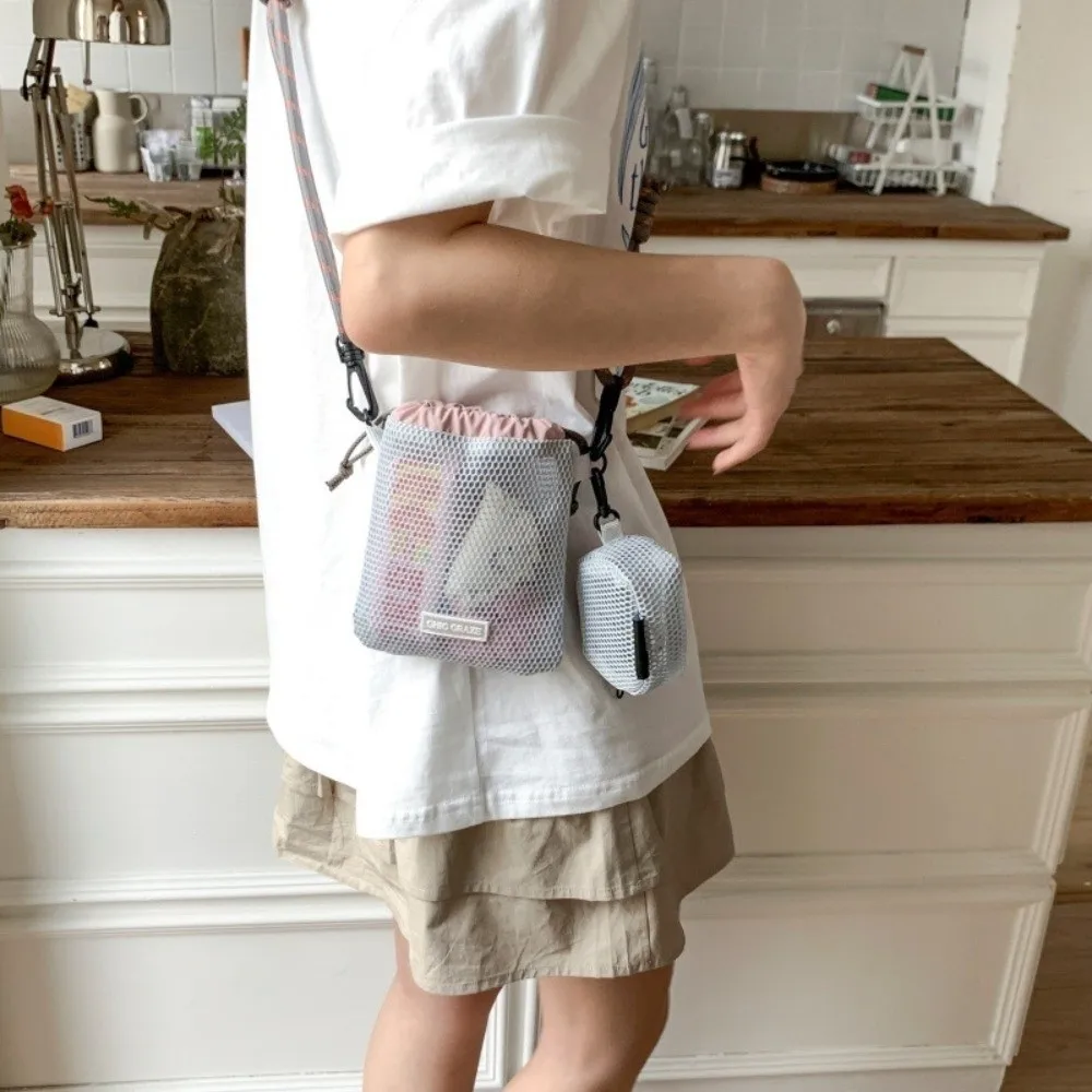 

Cute Drawstring Nylon Mesh Bag Korean Style With Purse Mesh Shoulder Bag Crossbody Bag Solid Color Phone Bag Girls