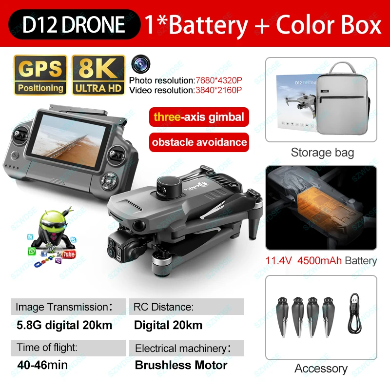 D12 Profesional Drone met 8K HD Camera 3-assige gimbal Luchtfotografie Obstakel vermijden Borstelloze FPV GPS Dron RC Quadcopter