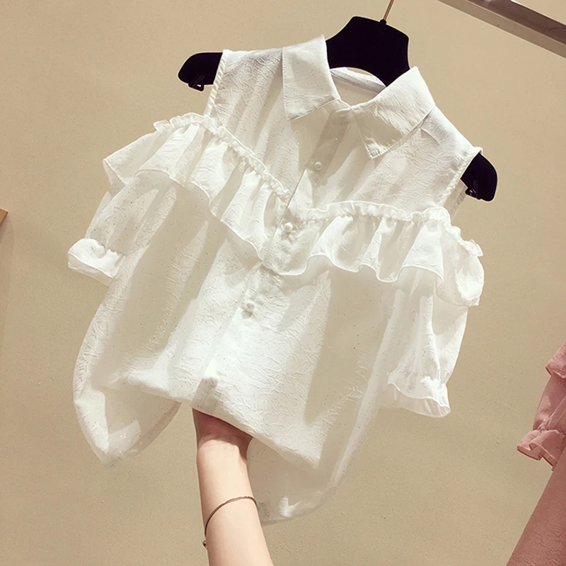 

Chic Shoulder Bared Short Sleeve Women's Shirts Summer Sweet Young Looking Pleated Cover Belly Top Korean Style Pure Color