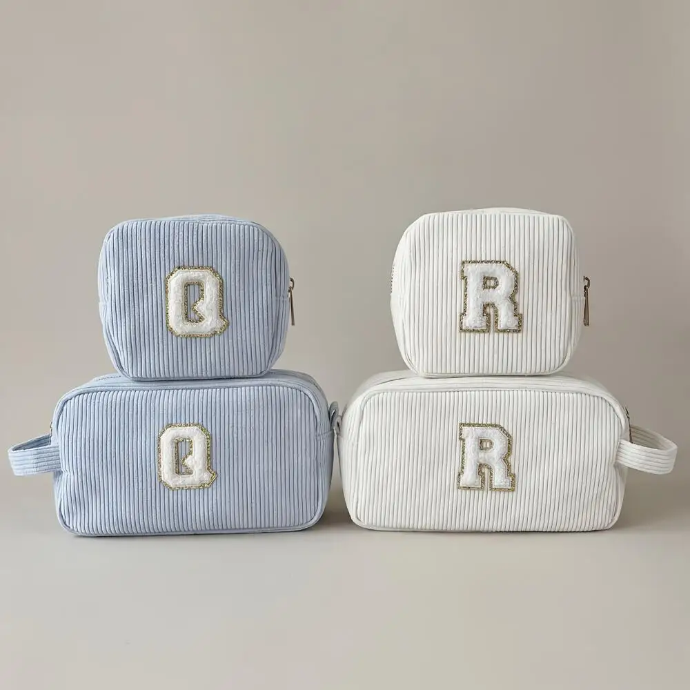 Custom Chenille Glitter Initial Corduroy Cosmetic Bag Free Refillable Travel Bottle Set Personalized Large Capacity Makeup Pouch
