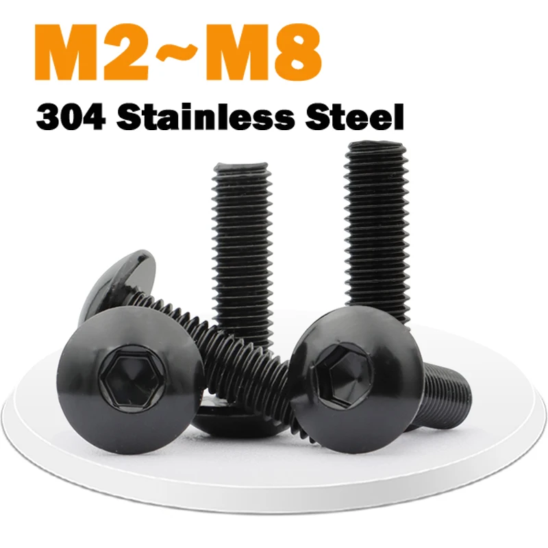M2 M2.5 M3 M4 M5 M6M8 Black 304 StainlessSteel Button Head Hex Socket Screws Large Round Mushroom Head Allen Hexagon Socket Bolt