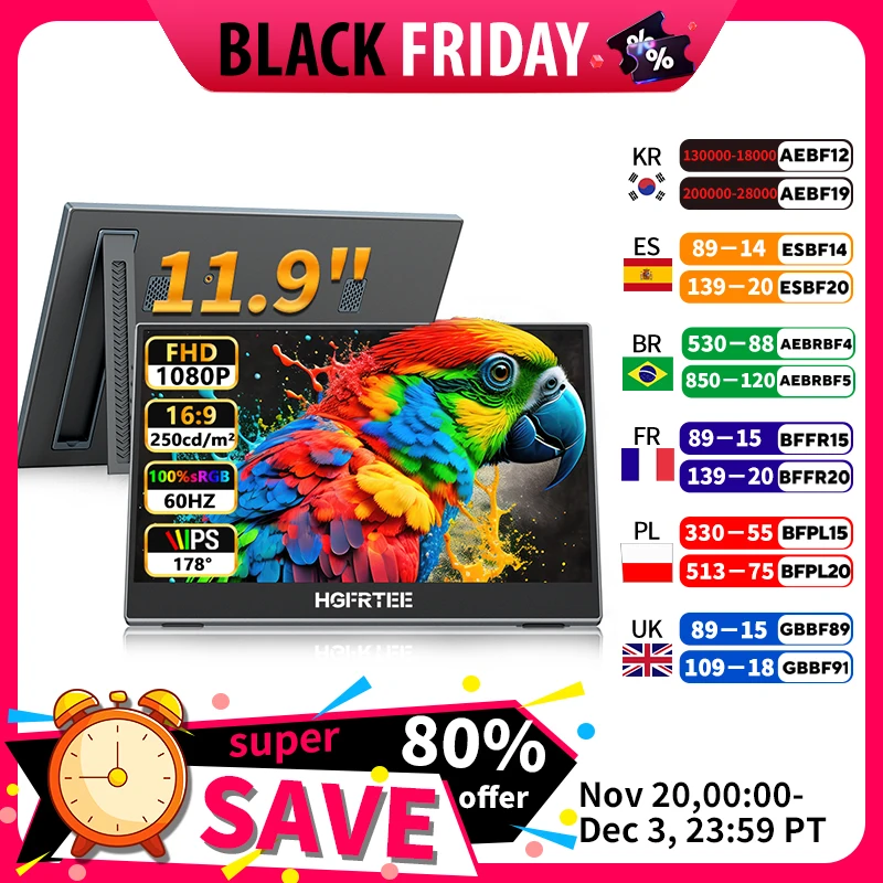 

11.9 inch Portable Monitor 100%SRGB 1080P FHD IPS USB-C, Second External Ultra-Thin Gaming Monitor for Laptop PC Mac Phone Swich