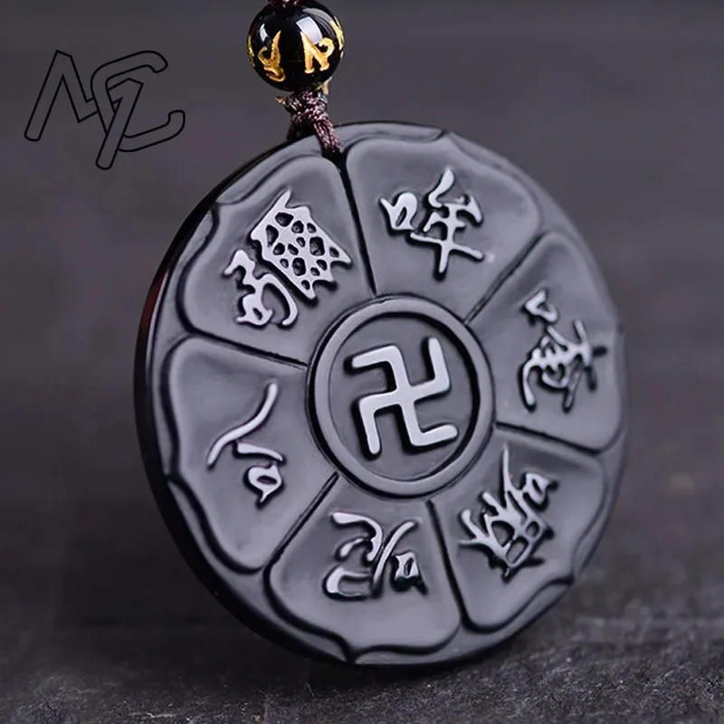 Natural Obsidian Buddhist Scripture Pendant Necklace Man Exquisito Jewellery Fashion Accessories Hand-Carved Luck Amulet Gifts