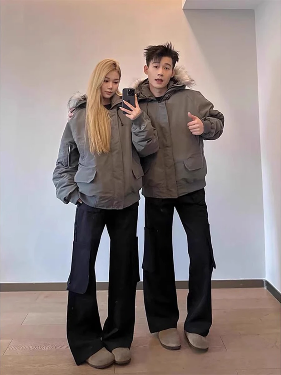 

Gray Fur Collar Bomber Jacket Men's Thickened Winter Coat Warmth Couple Outwear Cotton Clothes Casual Long Sleeve Zipper