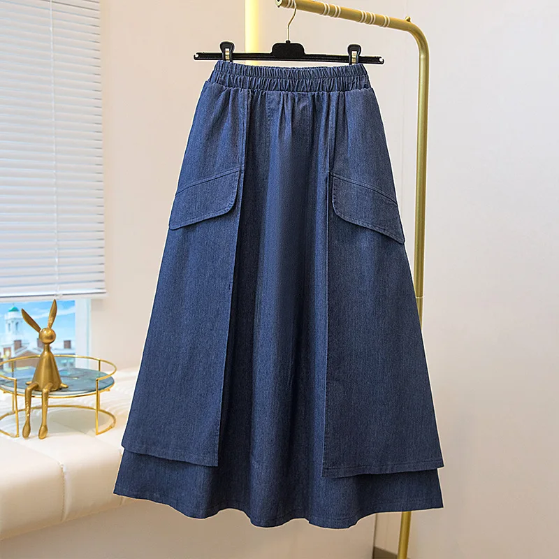 2024 Summer High Waist Mid Length A-Line Denim Skirt Women\'s Summer Thin