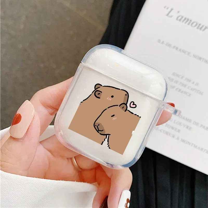 Cute Cartoon Capybara Couple Earphone Case For Apple AirPods 4 3 2 1 Clear Protective Covers For AirPods Pro 2 Animal Shell