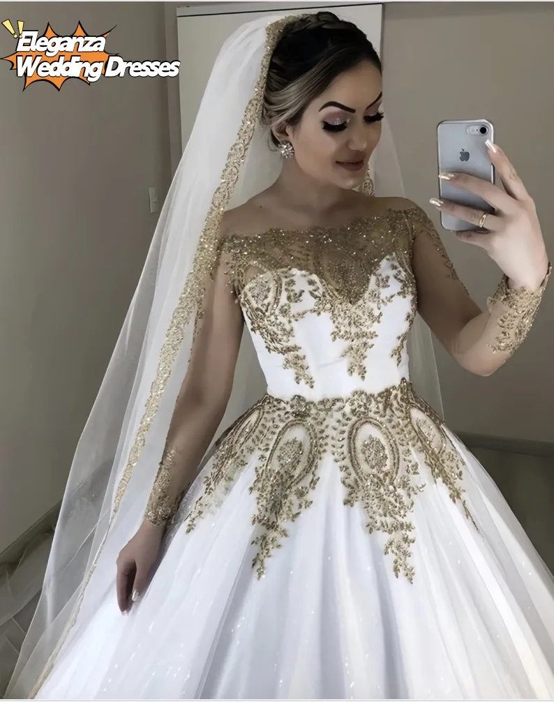 فساتين زفاف ذهبية إسلامية مخصصة للعروس بدون أكتاف وأكمام طويلة فستان زفاف دبي المملكة العربية السعودية مع زينة