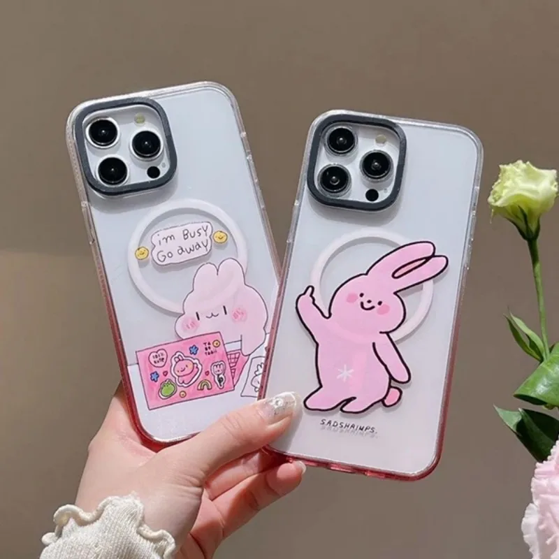 

Cute Painted Rabbit Pink Gradient Transparent Border IPhone 13 14 15 Pro Max Case with MagSafe