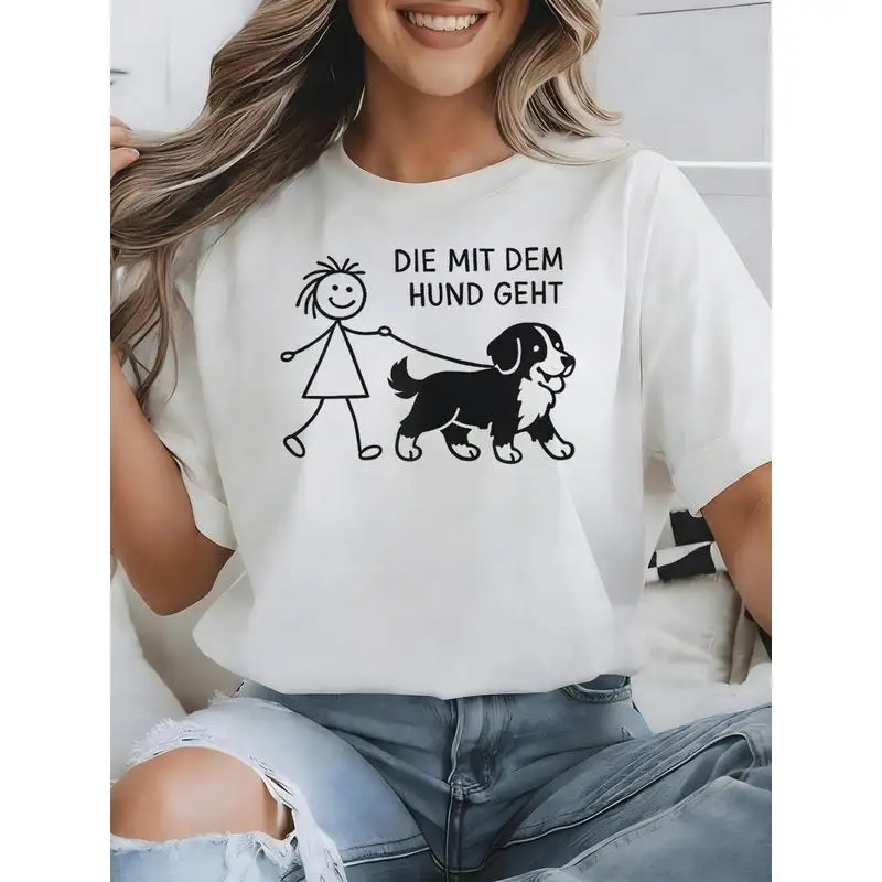 Dog Owner Women Tshirt Bernese Mountain Dog Walking Girl Printed Casual Tee