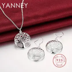 925 Sterling Silver Charm Round Tree of Life Earrings Necklace Set For Women Fashion Wedding Christmas Jewelry Set