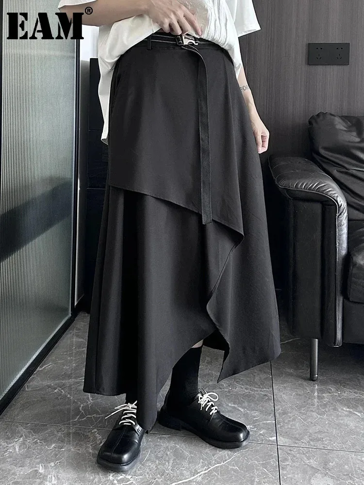 

[EAM] High Elastic Waist Black Gray Irregular Slit Spliced Midi Half-body Skirt Women Fashion New Spring Autumn 2024 1DH5479