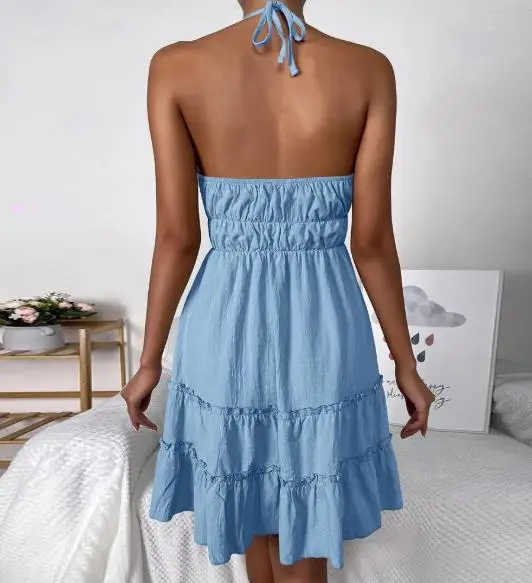 

Summer Sexy Elegant Vacation Style Solid Color V-Neck Lace Up Waist Cinched Ruffle Edge Patchwork Backless Hanging Neck Dress