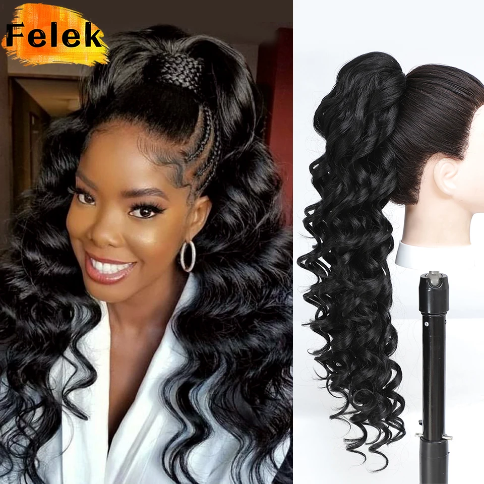 

24 Inch Black Ponytail Extension Synthetic Drawstring Ponytail For Women Ombre Long Wavy Pony Tails Hair Extension For Daily Use