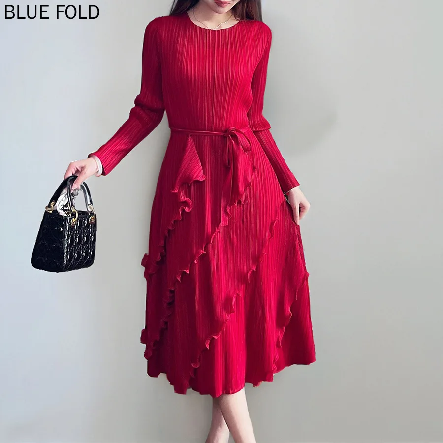 

Miyake French Elegant Dress for Women Autumn High-quality Texture Pleated Lace-up Waist Slim Cake Dress Long Sleeve PLEATS Robe