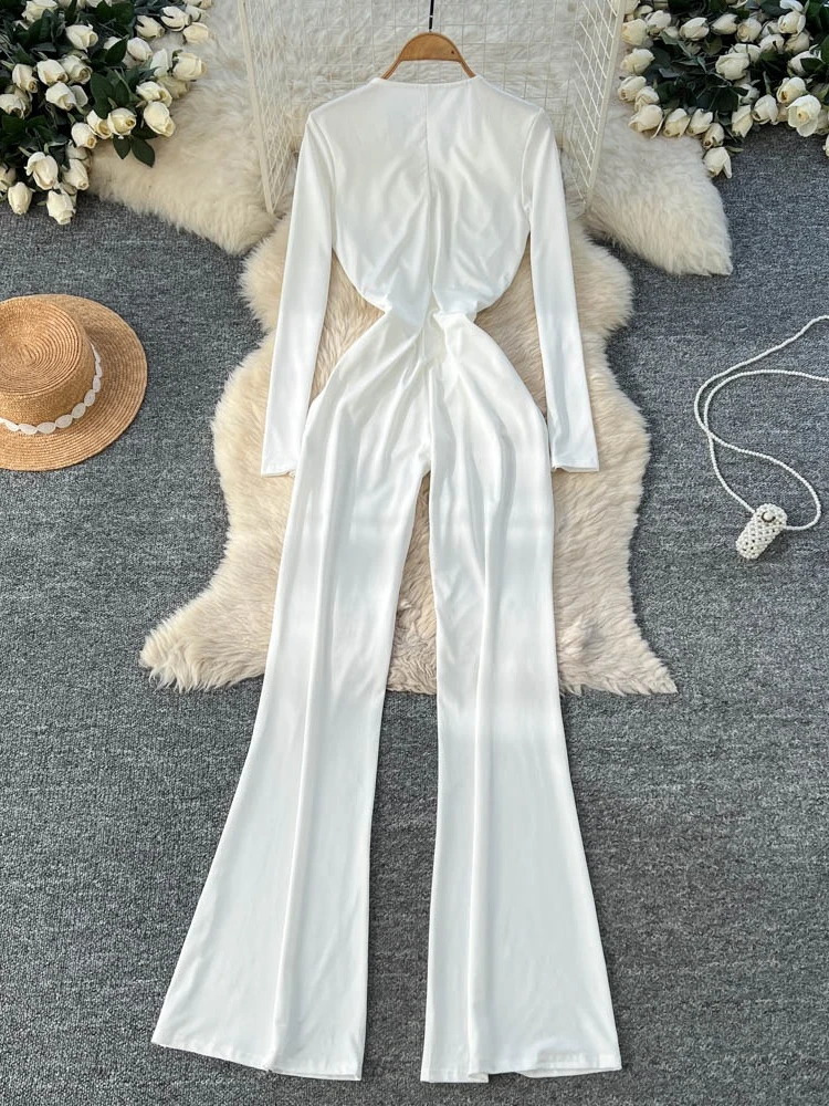 Foamlina feminino sexy decote em v profundo manga longa macacão cor sólida cintura alta criss cross ruched magro bodycon uma peça macacão