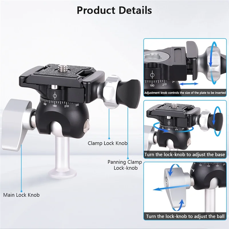 

-ABGQ Mini Reverse Ball Head 360 Degree Rotating Camera Tripod Head CNC Aluminum Alloy Ball Head For DSLR,Camera,Phone