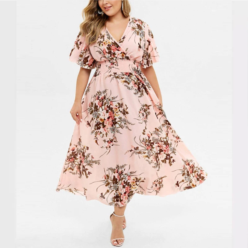 Women's Bohemian Floral Dress Ladies Elegant V Neck Loose Short-sleeved Maxi Dress Beach Holiday Female Oversized Dress