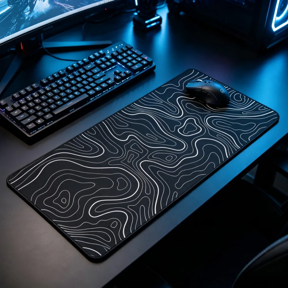 Large Gaming Mouse Pad Topographic Pattern Mousepad Anti-Slip Rubber XXL Deskmat Office Desk Accessories Stitched Edges Game Mat