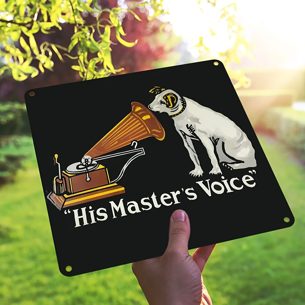 Vintage Aluminium-Wandkunst „His Master's Voice“ mit Hund und Phonograph – UV-bedrucktes Metallschild für Zuhause, Büro, Bar, Club