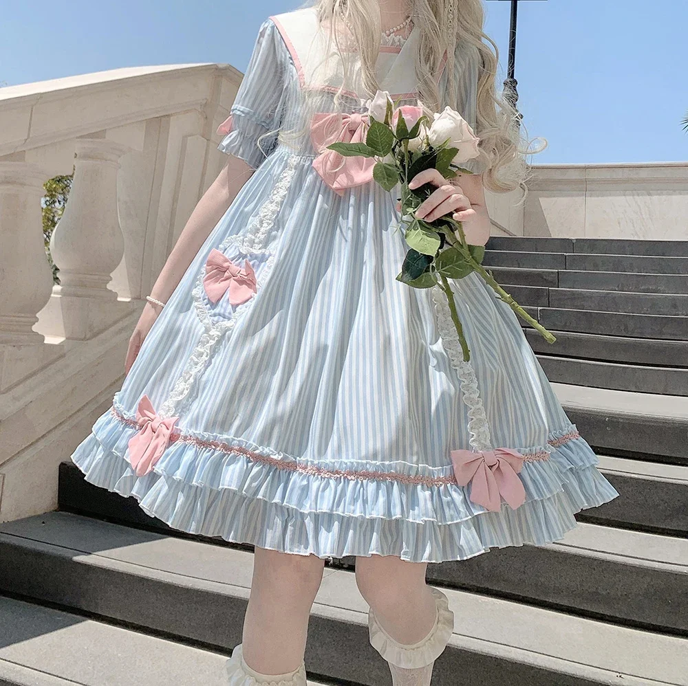 New Harajuku Gothic Women Fashion Blue Dress Female Lolita Temperament Slim Sweet Kawaii Dress Cool Girl