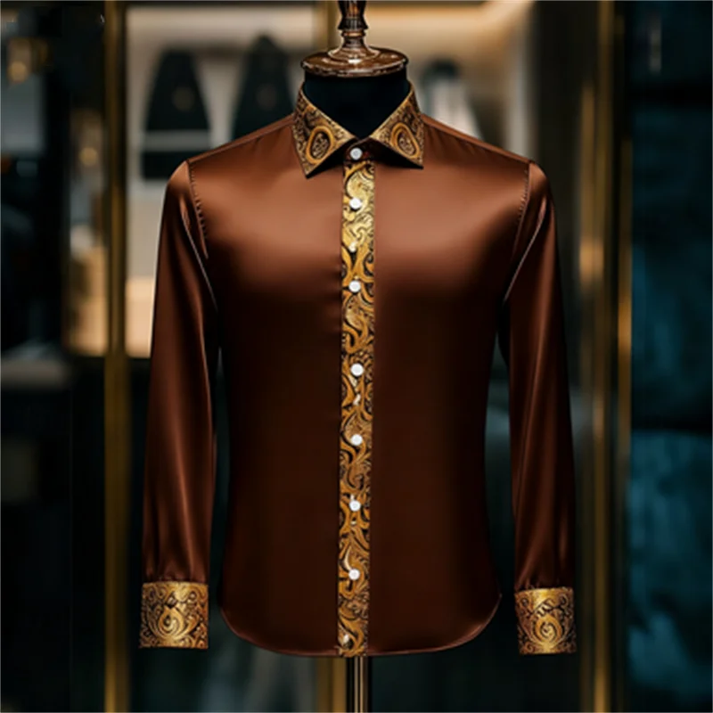Męska luksusowa koszula z długim rękawem, jedwabna, biało-brązowa, jednolita, wzór paisley, dopasowany krój, casualowa koszula z kołnierzykiem.