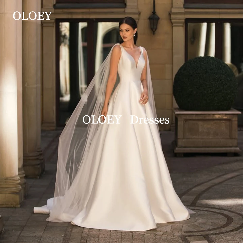 

OLOEY Elegant Sweetheart A Line Wedding Dresses Floor Length Pleats Satin Bride Gowns Sleeveless Spaghetti Straps Customized