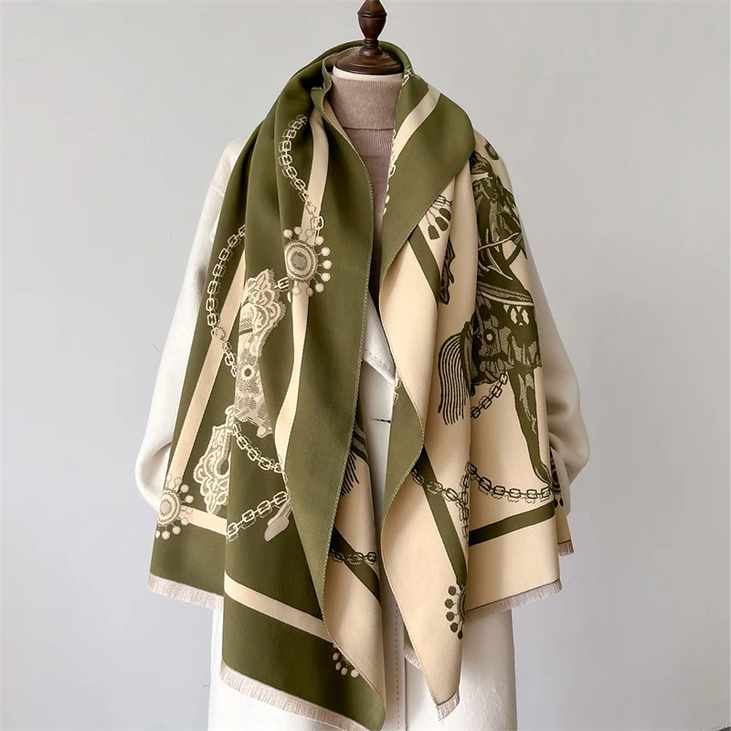 2024 Luxury Brand Horse Print Double-sided Women Winter Cashmere Scarf Thick Warm Shawl Wraps Pashmina Soft Lady Neckerchief