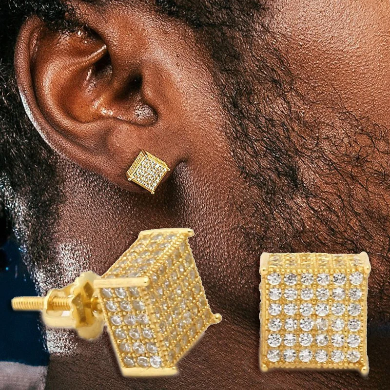 Luxury Men Stud Earrings Homme Hip Hop Rock Gold Color Bling Iced Out AAA+ Zircon Screw Ear Piercings Fashion Jewelry OHE153