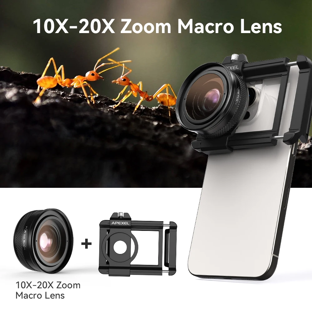 

APEXEL 10X-20X Zoom Mobile Phone Macro Lens 37MM Thread Phone Lens Support Eye Macro Photography with Universal Stretching Clip