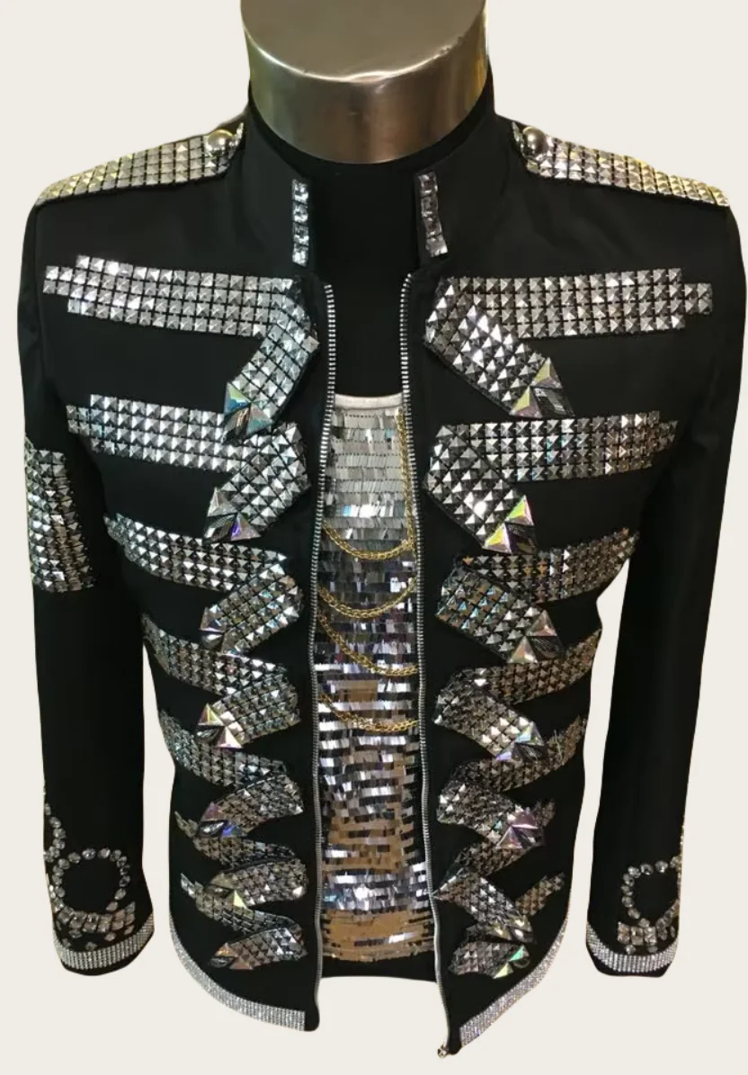 Handmade Quality Men\'s Black Royal Sequins Jacket Party Show Nightclub Male Singer Stage Performance Coat Jazz Dance Blazers