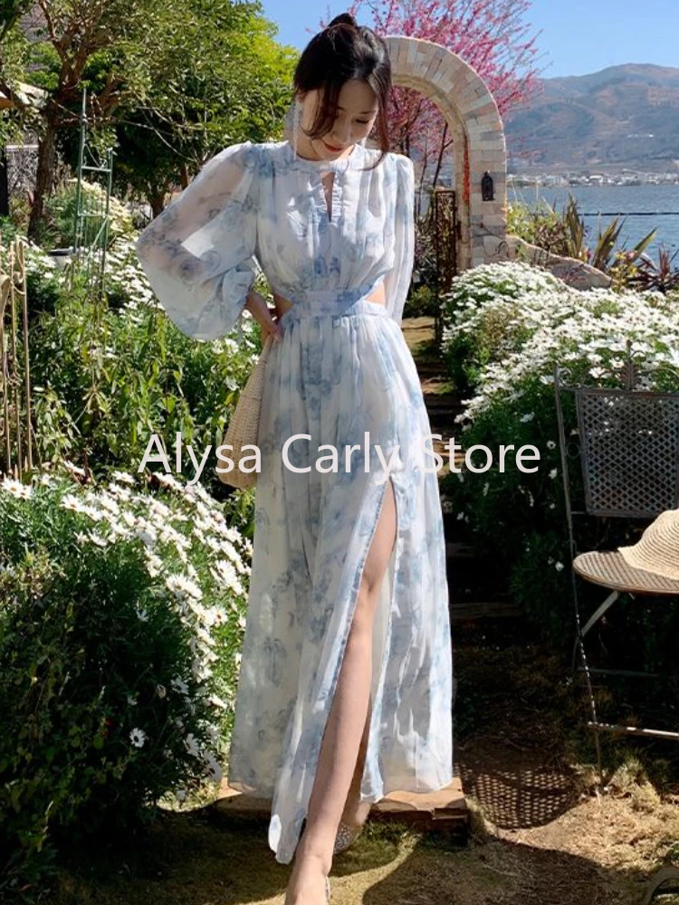 Causal Vintage Hollow Out Floral Dress Women 2023 Autumn Chiffon Elegant Long Split Dress Female Korea Beach Evening Party Dress