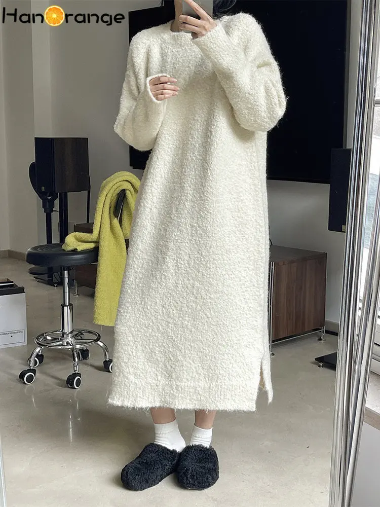 HanOrange 2024 Winter Lazy Wool Loop Yarn Sweater Dress Warm Soft Waxy Midi Dress Off White/Yellow Green