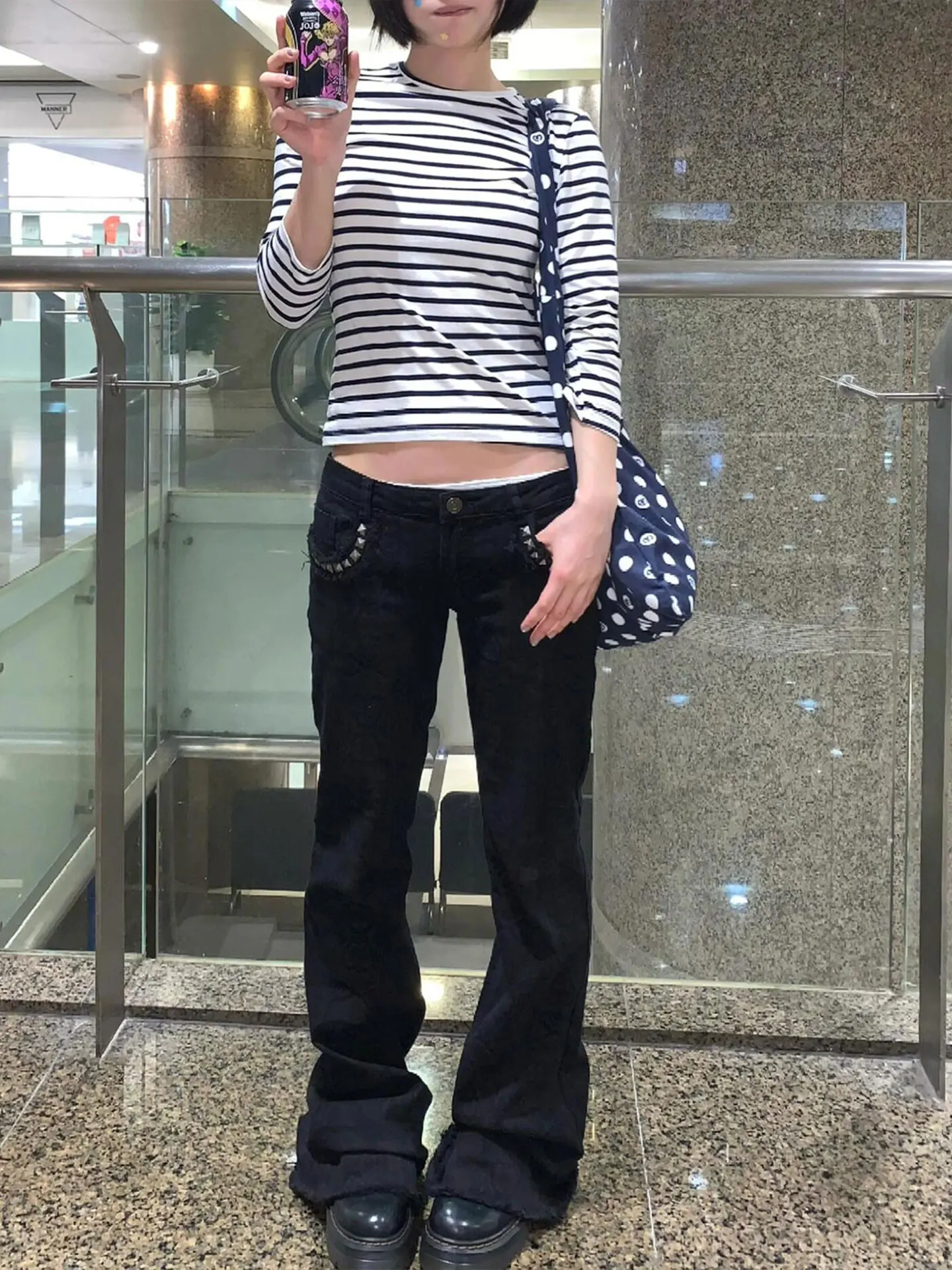 Low Waist Bell Bottom Jeans Women's Spring Autumn Black Denim Pocket Splicing Slimming Long Pants Cotton Stretch Denim