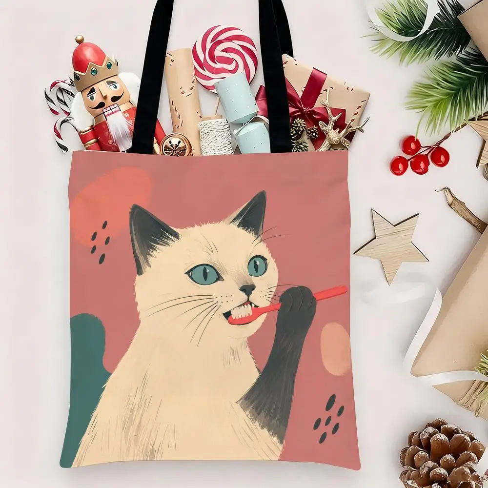 Black Cat Brushing Teeth Storage Bags Canvas Tote Bag Double-Sided Print Durable Shoulder Handbag for Festival Party Gift