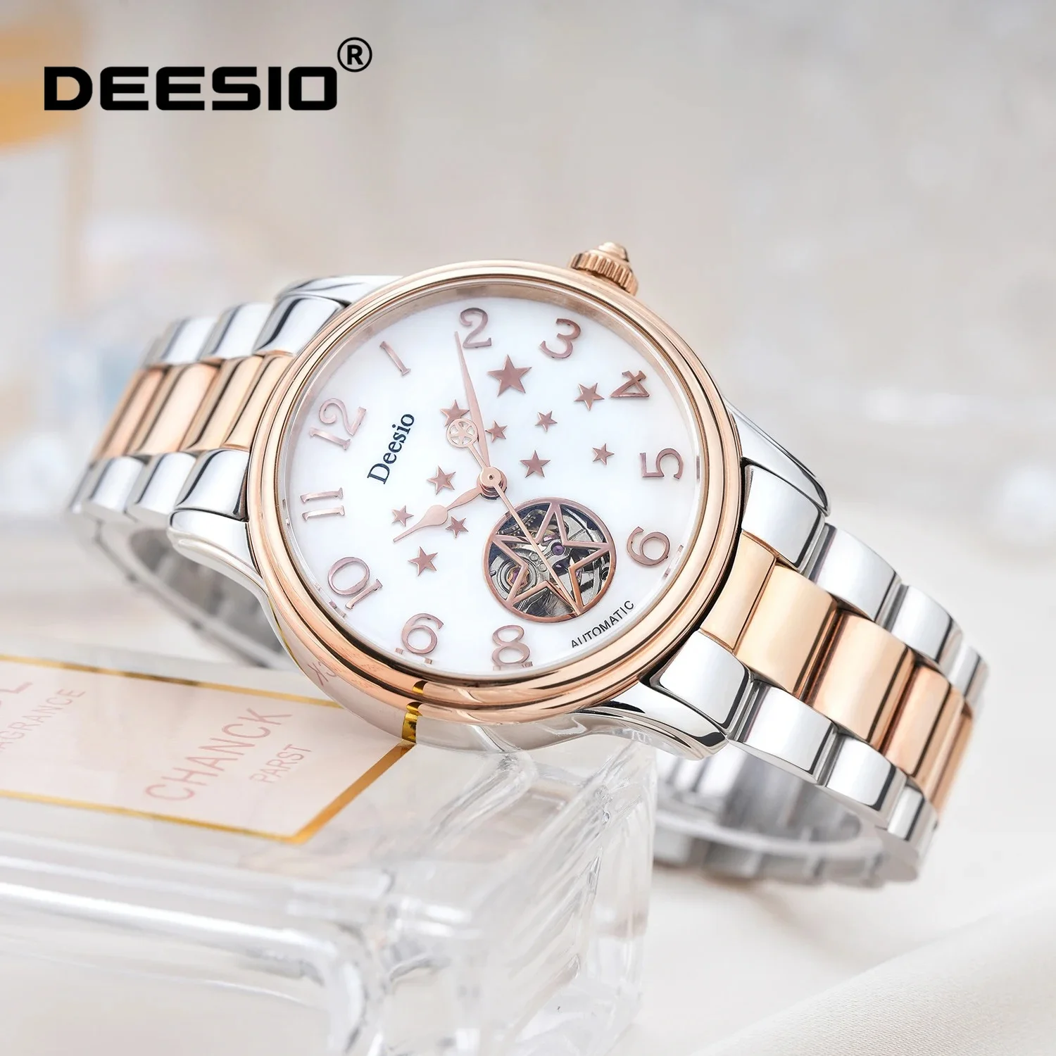 Deesio Womens Automatic Mechanical Watch Starry Sky Skeleton Dial Stainless Steel Band 50M Waterproof Dress Watch Gift for Her