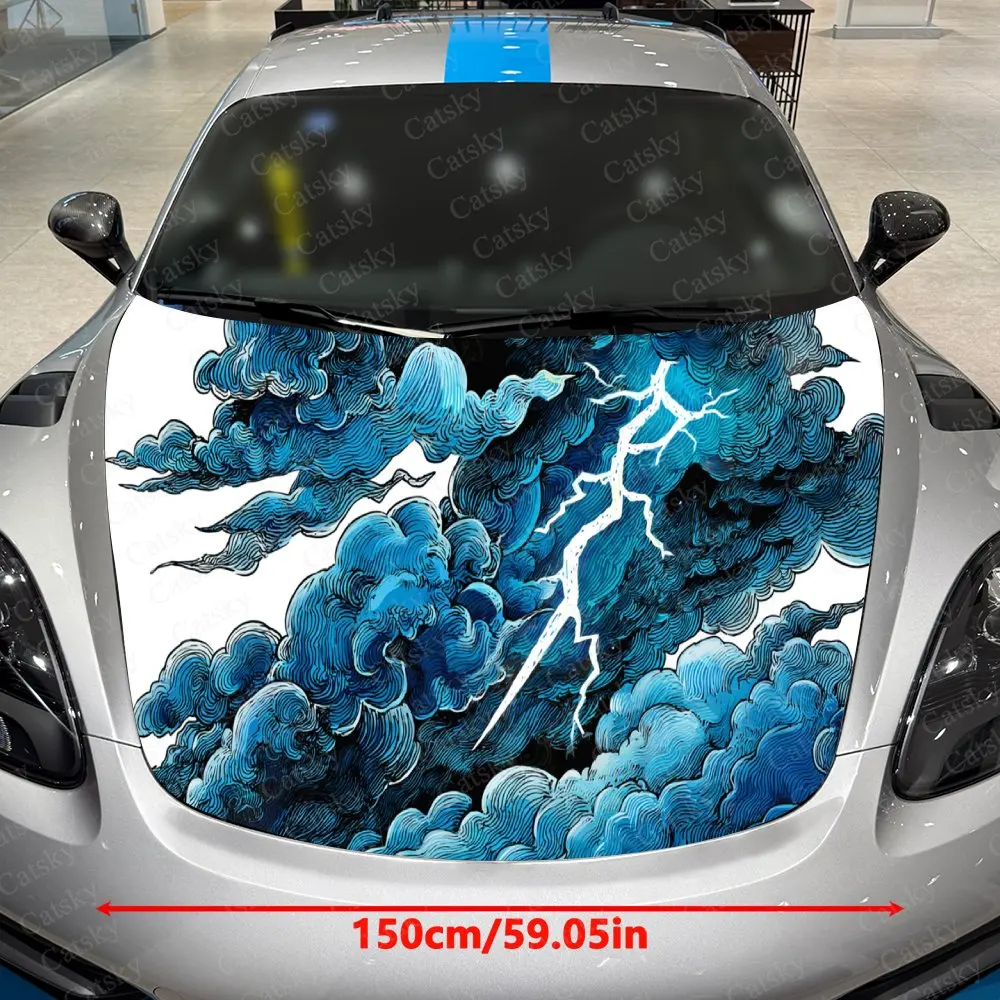 Thunder Pattern Cloud Tide Car Vinyl Wrap, PVC Waterproof Car Hood Sticker, Self-Adhesive Scratch-Resistant Stickers