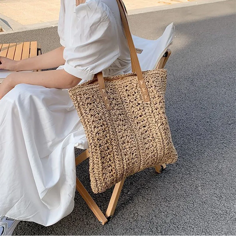 Women\'s Fashion Straw Cutout Beach Vacation Shoulder Bags Shopping Handbags Girls Casual Handwoven Handbags