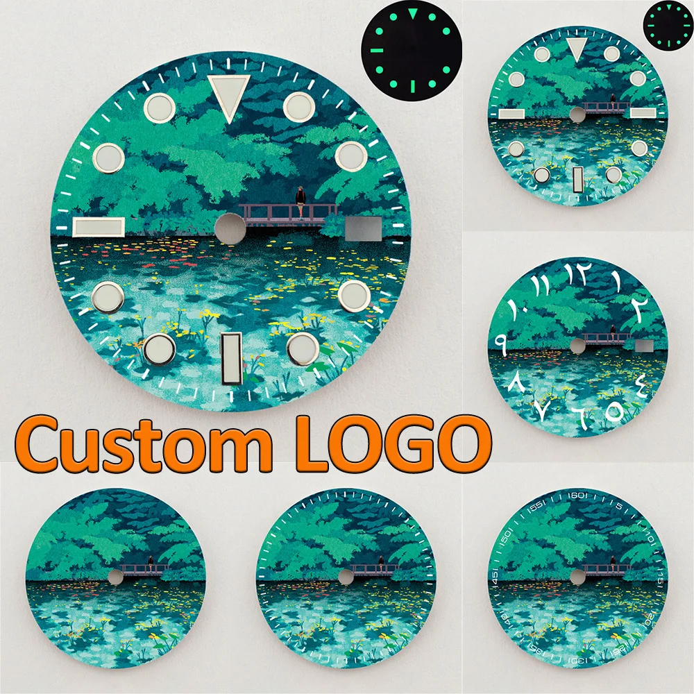 28.5mm NH35 Dial Green Forest Lake Scenery Pattern Dial Luminous NH36 Dial Watch Accessories Fits NH35/NH36 Movement Custom LOGO
